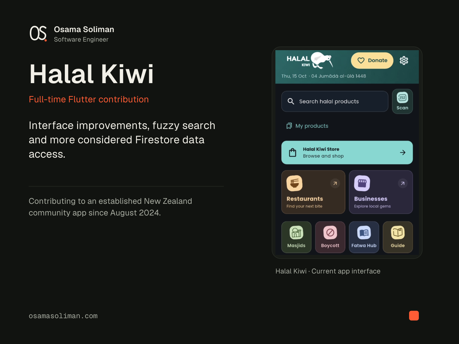 Halal Kiwi product presentation, dark theme