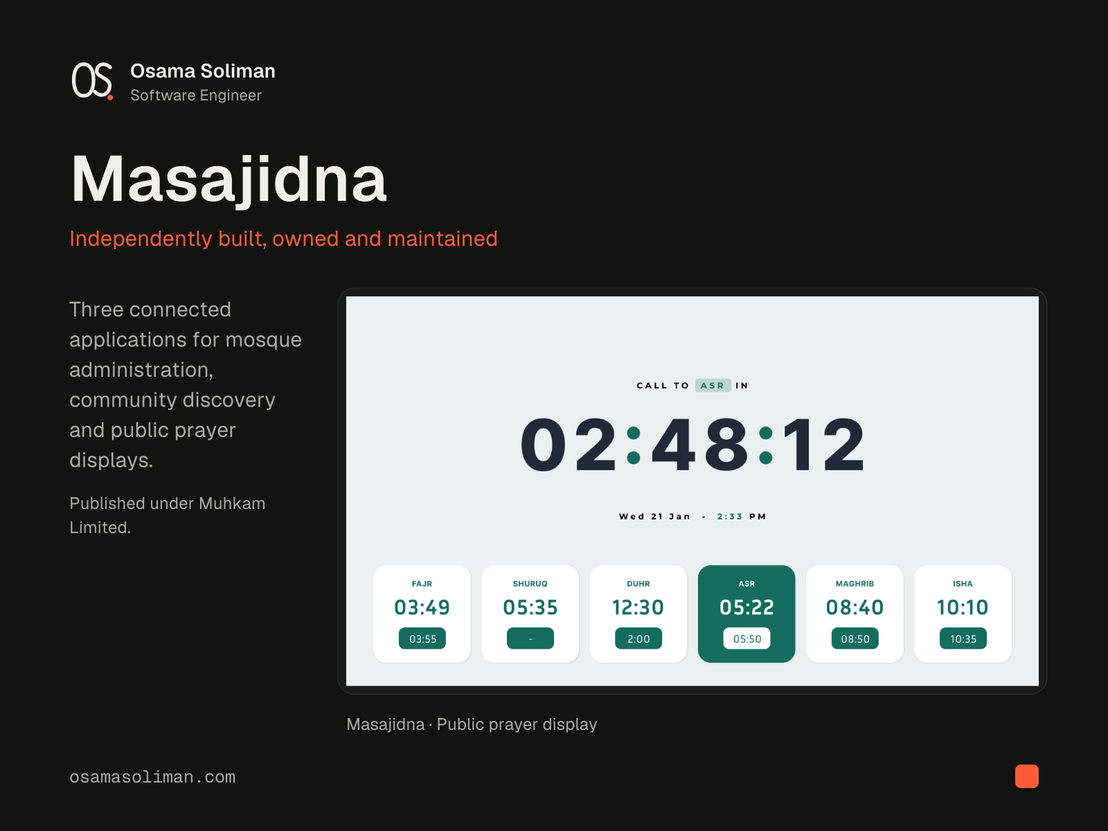 Masajidna product presentation, dark theme