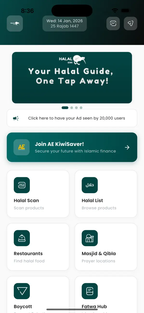 Halal Kiwi live home screen with halal scan, restaurant discovery and masjid tools