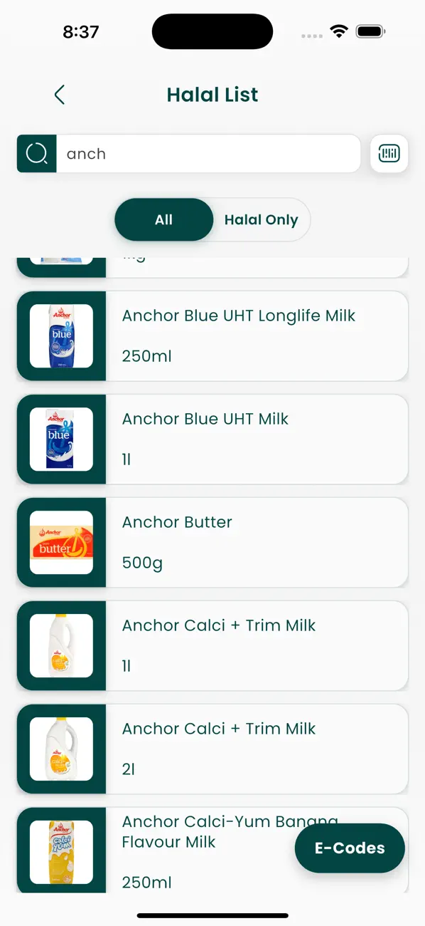 Halal Kiwi searchable halal product database showing Anchor products