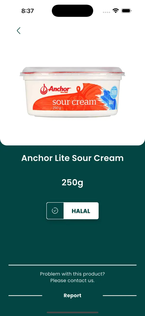 Halal Kiwi product result confirming a scanned Anchor sour cream product is halal