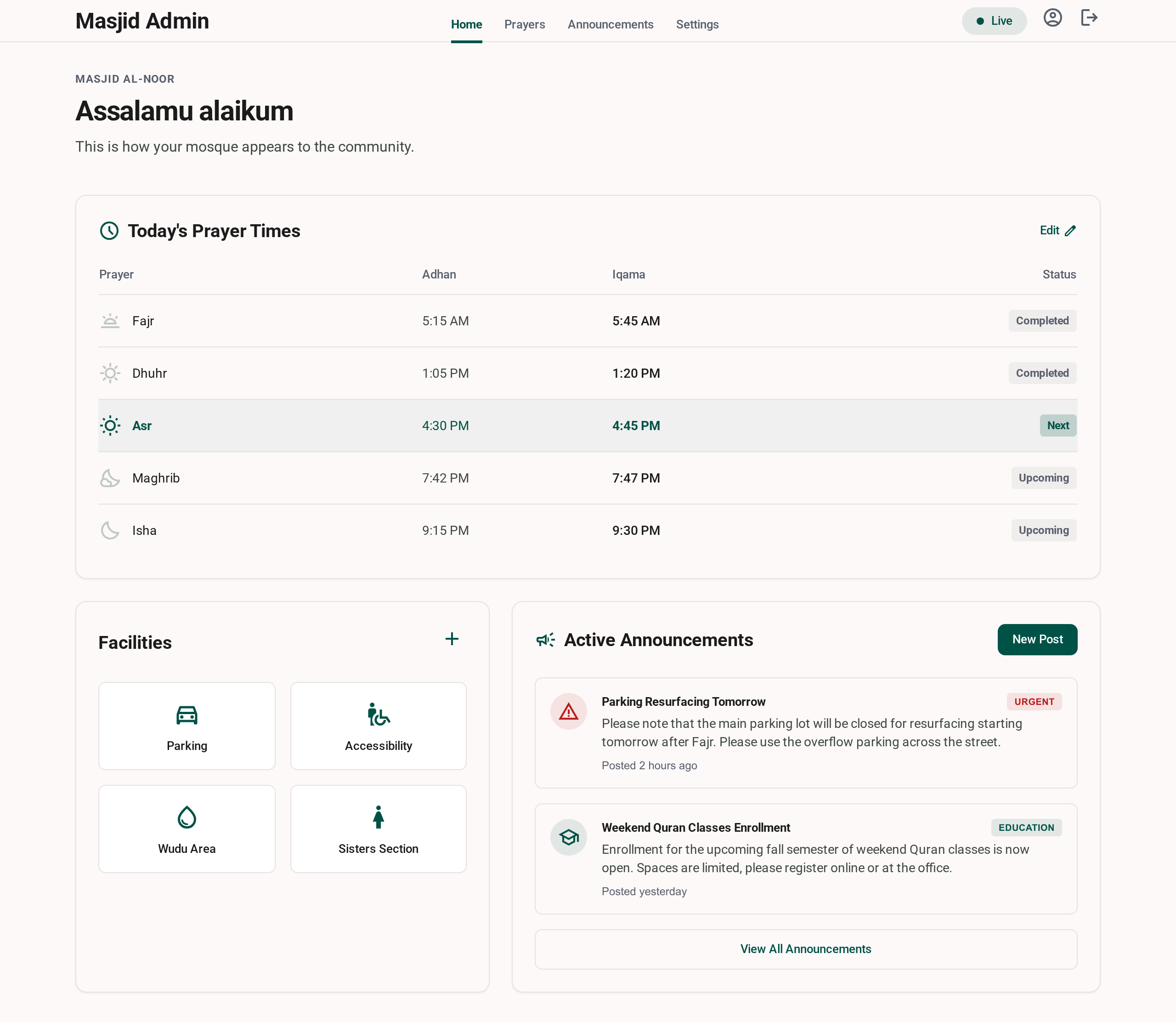 Masajidna administrator dashboard showing prayer times, mosque facilities and announcements