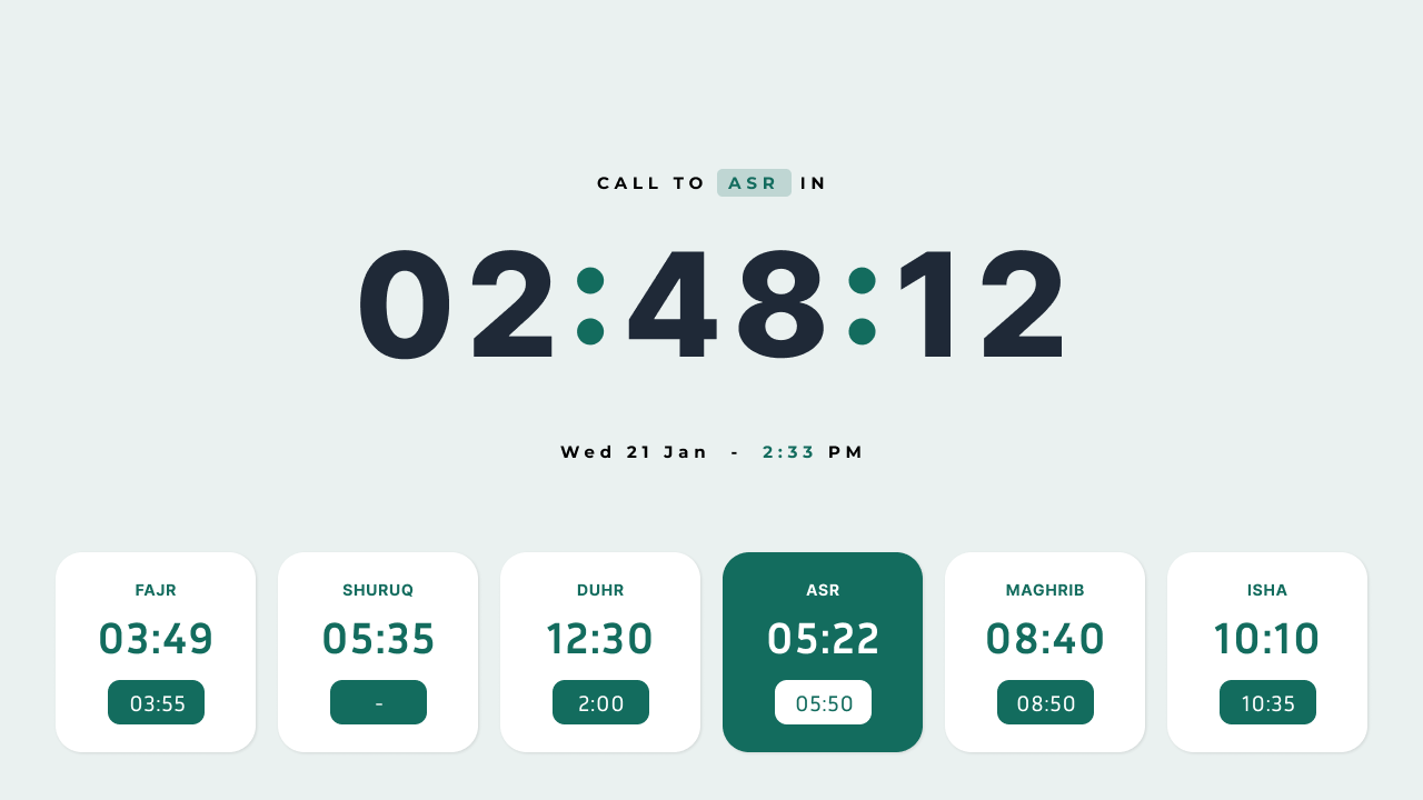 Live Masajidna public prayer display with countdown and daily prayer times