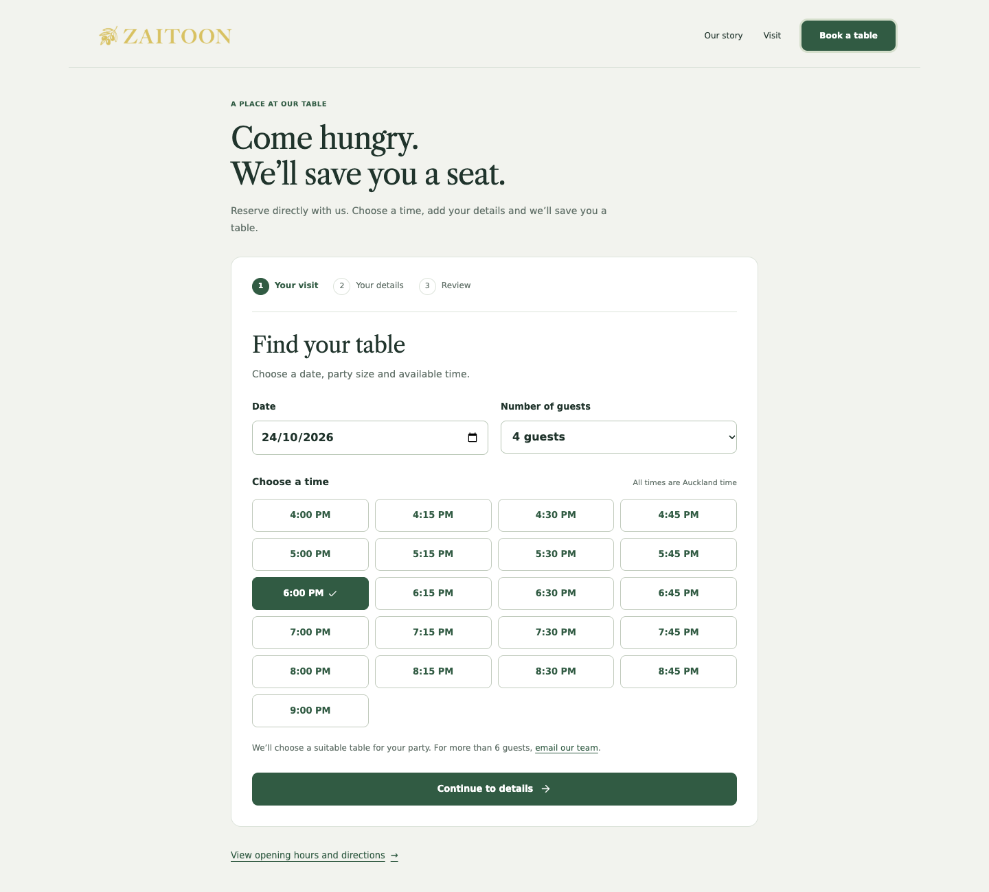 Zaitoon customer booking interface with party size and available dining times