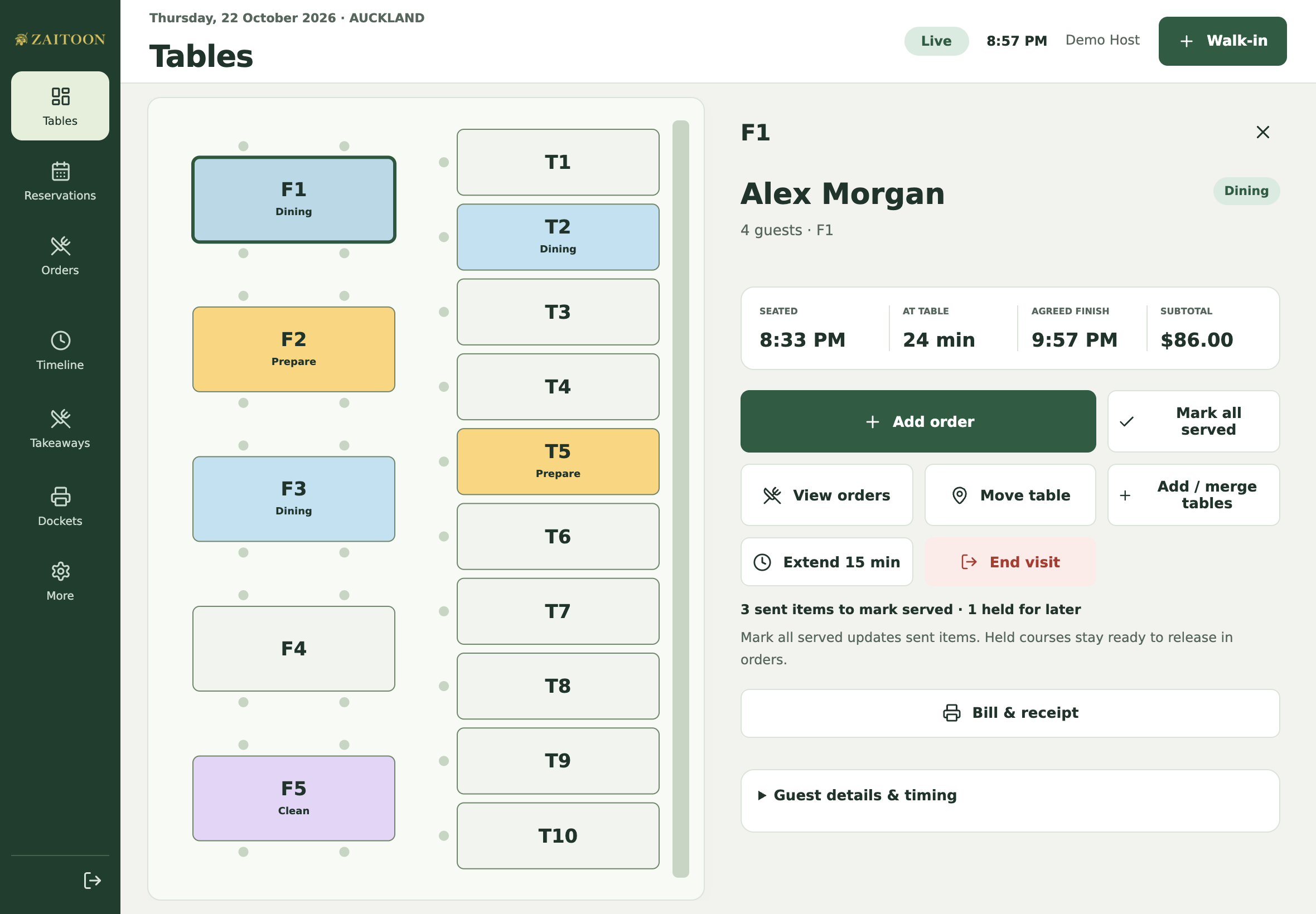 Zaitoon iPad floor plan with table statuses and a selected party