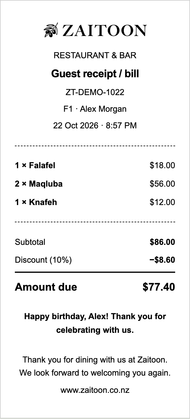 Sample Zaitoon receipt with its logo, itemised dishes, discount, total and custom birthday message