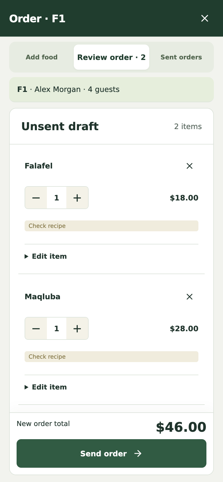 Zaitoon staff phone app showing the order workflow